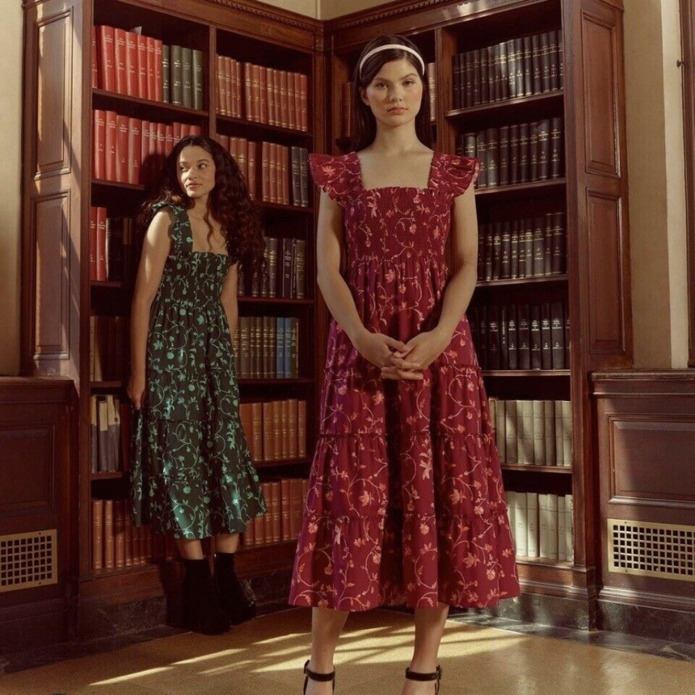 Hill House Home - The Nap Dress- Ellie Burgundy Botanical Poplin - Size XS